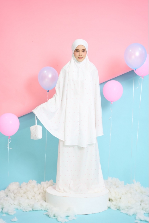 Telekung Travel Polkadot Mom Bubly White 